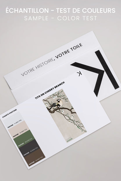 OLEKA CANVAS - PARIDÉS SUR BRANCHE DE CERISIERS, Oeuvre sur toile étirée, encadré Blanc