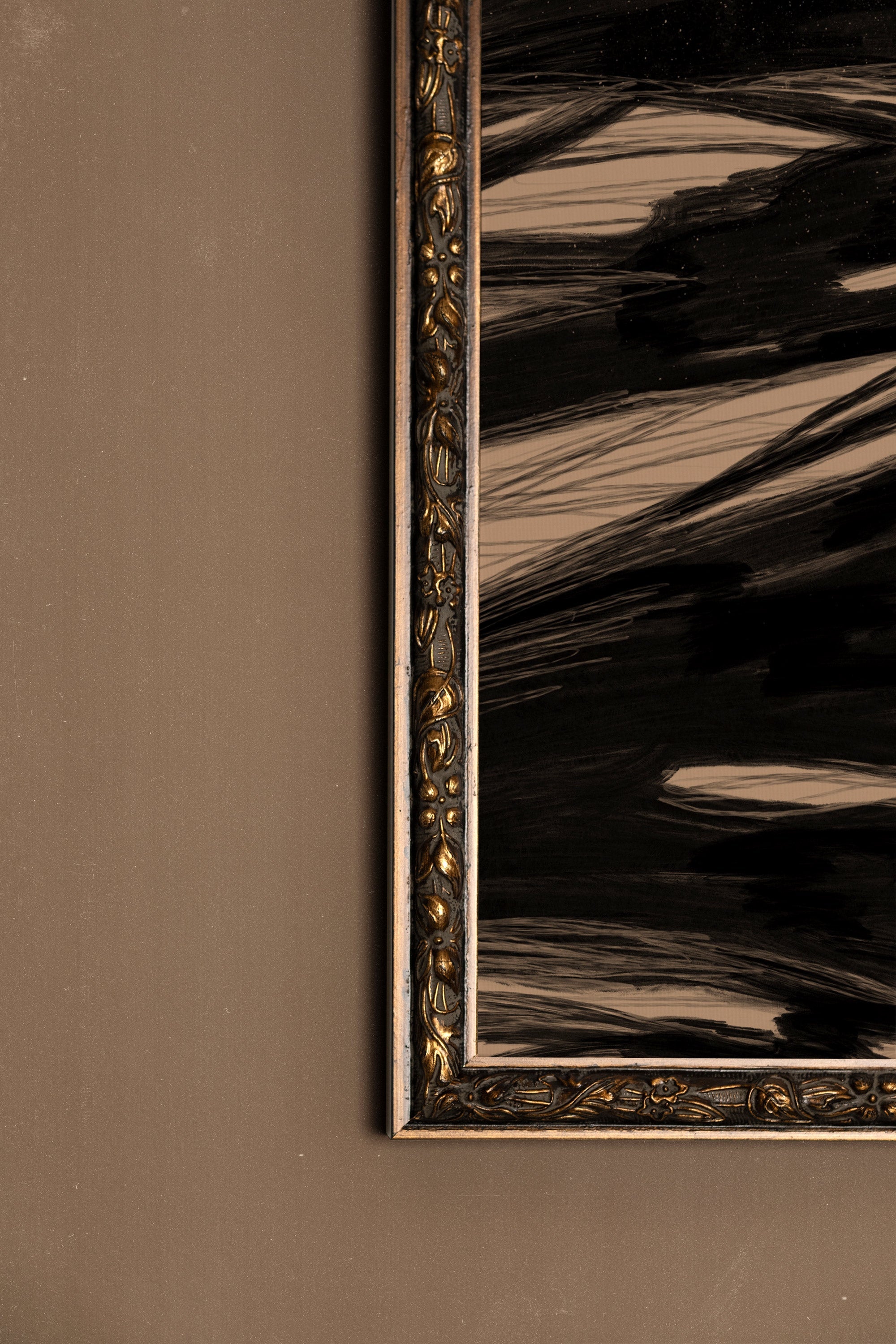 TRACÉ BRUT, Artwork on stretched canvas, framed Vintage Bronze