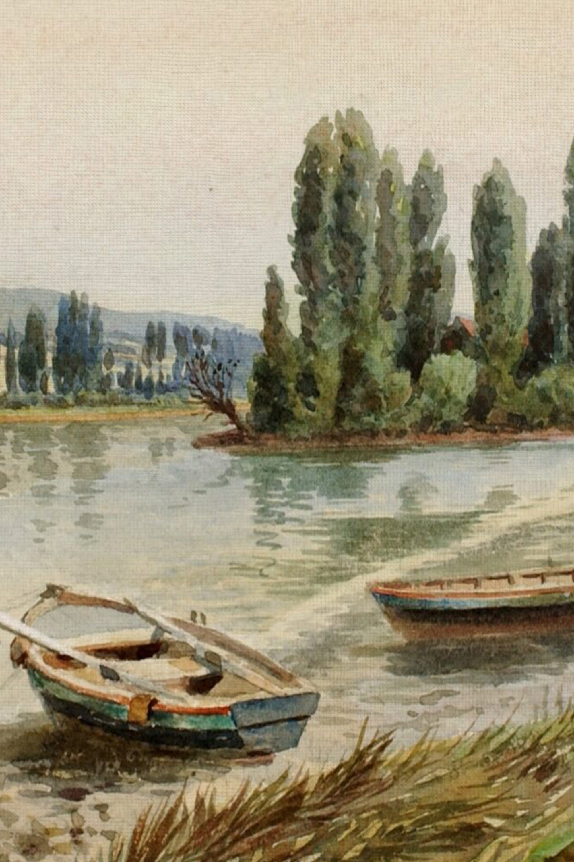 RIVES PAISIBLES, Artwork on rigid canvas, framed Vintage Silver