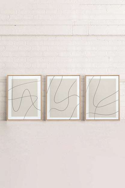 OLEKA CANVAS - ELEGANT CURVES TRIO, 3 Oeuvres sur toile étirée, encadré Naturel Clair
