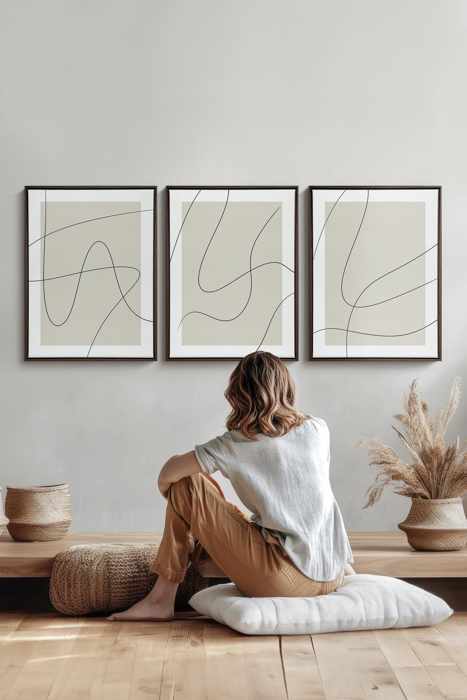 OLEKA CANVAS - ELEGANT CURVES TRIO, 3 Oeuvres sur toile étirée, encadré Brun Noyer