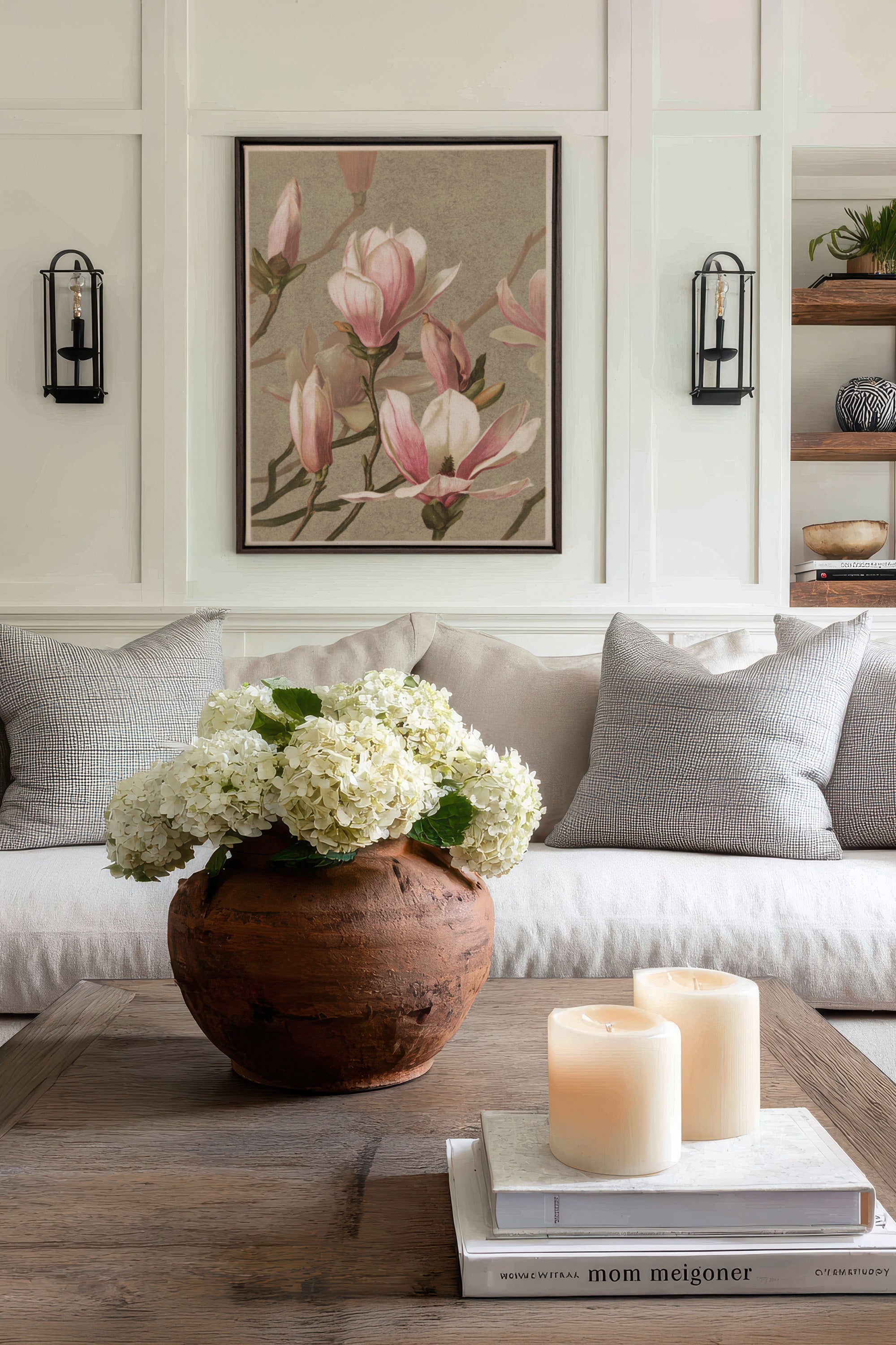 MAGNOLIA WHISPER, Artwork on stretched canvas, framed in Walnut Brown