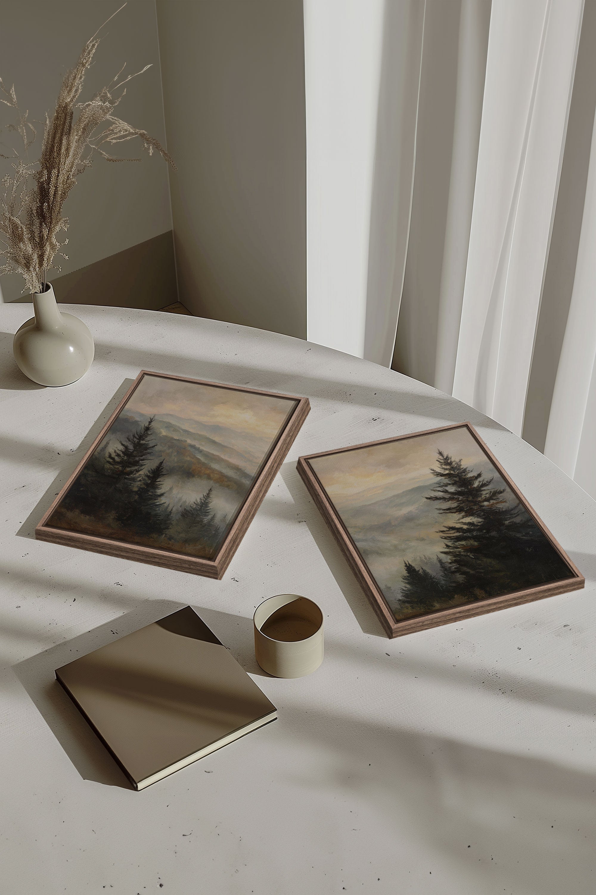ECHOES IN THE MIST DUO, 2 Works on stretched canvas, framed Oak Brown