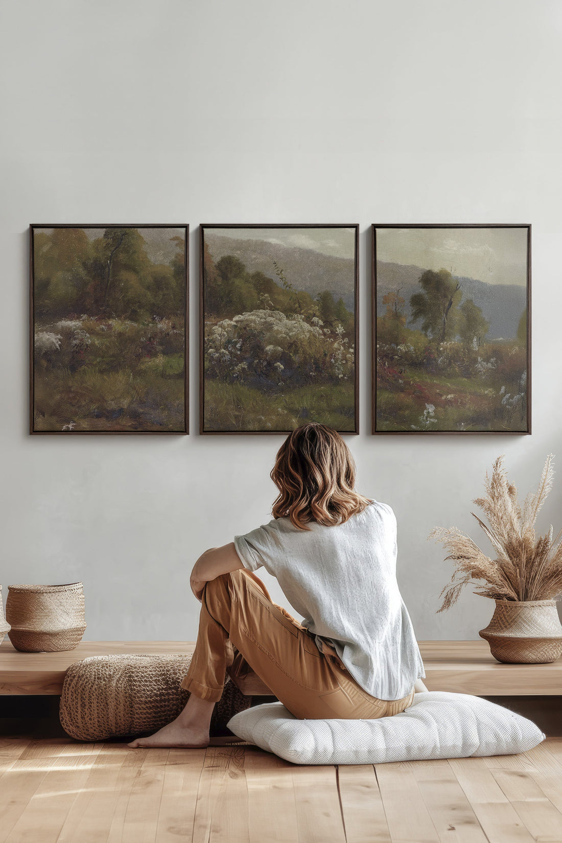 TRIO DOUCEURS CHAMPÊTRES, 3 Oeuvres sur toile étirée, encadré Brun Noyer