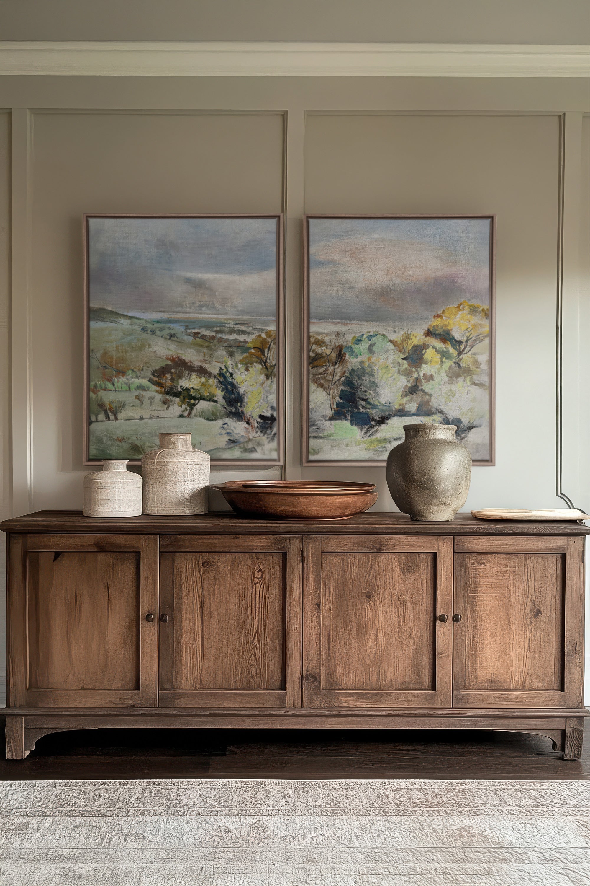 Drifting Light Duo, 2 Works on stretched canvas, framed Oak Brown