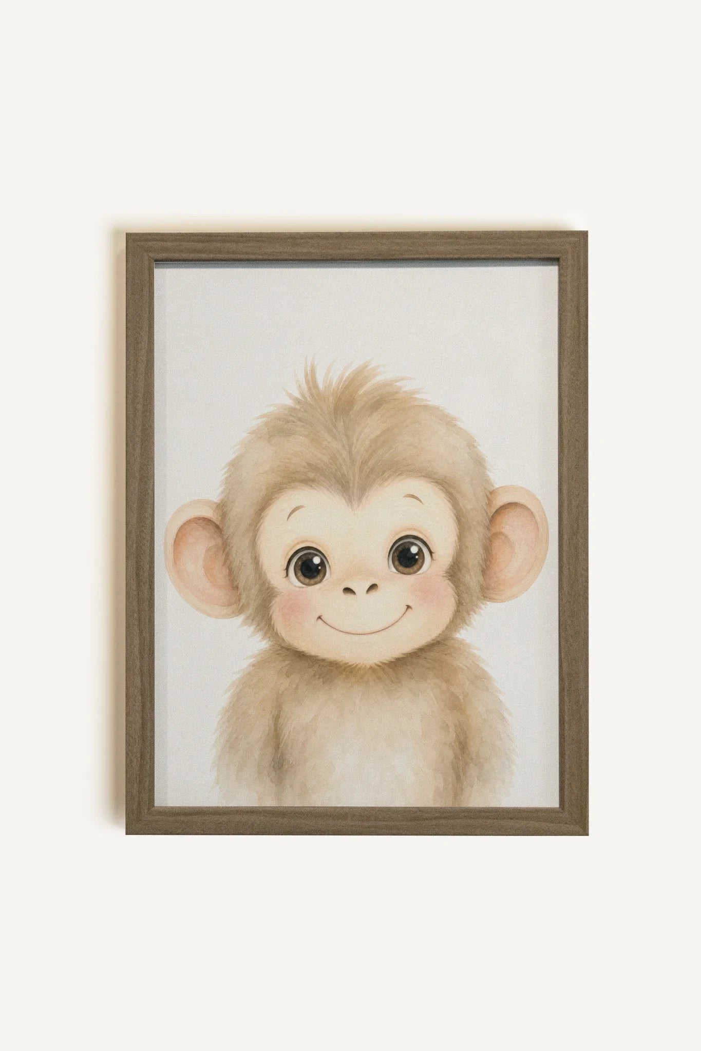 PETIT SINGE, Oeuvre sur toile rigide, encadré brun chêne
