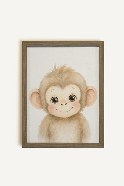 PETIT SINGE, Oeuvre sur toile rigide, encadré brun chêne