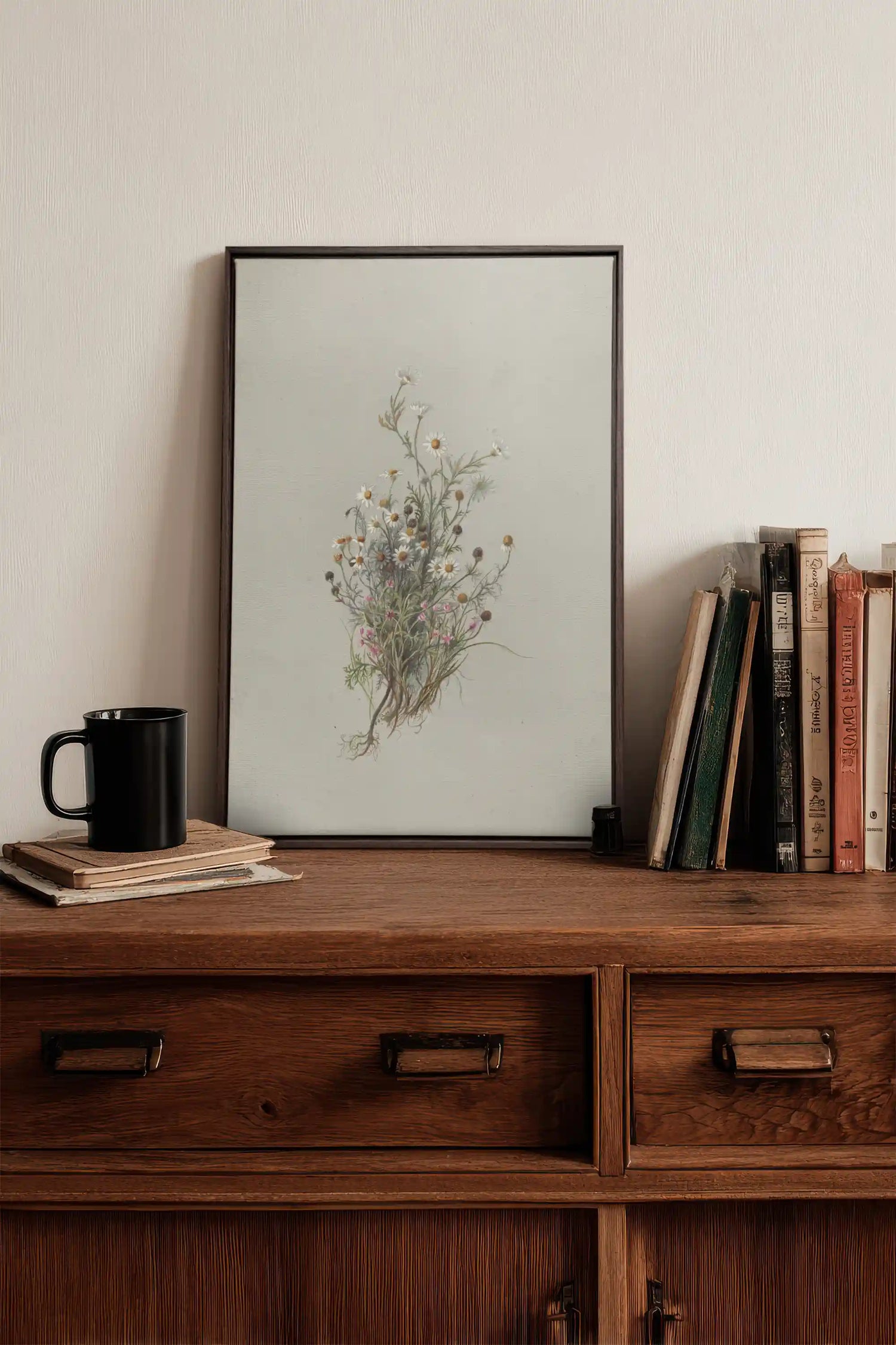 FLEURS DES PRÉS, Oeuvre sur toile étirée, encadré Brun Noyer