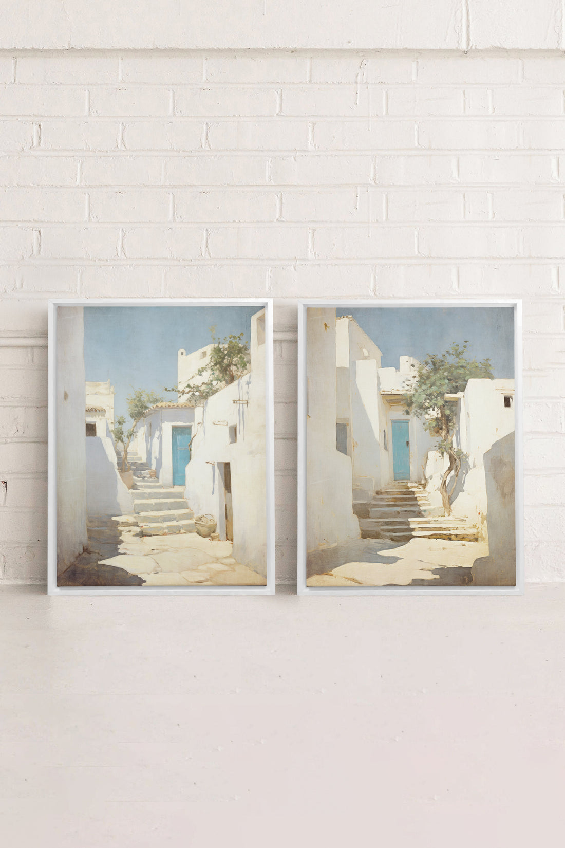 COMBINAISON VINTAGE GREEK VILLAS, 2 Oeuvres sur toile étirée, encadré Blanc