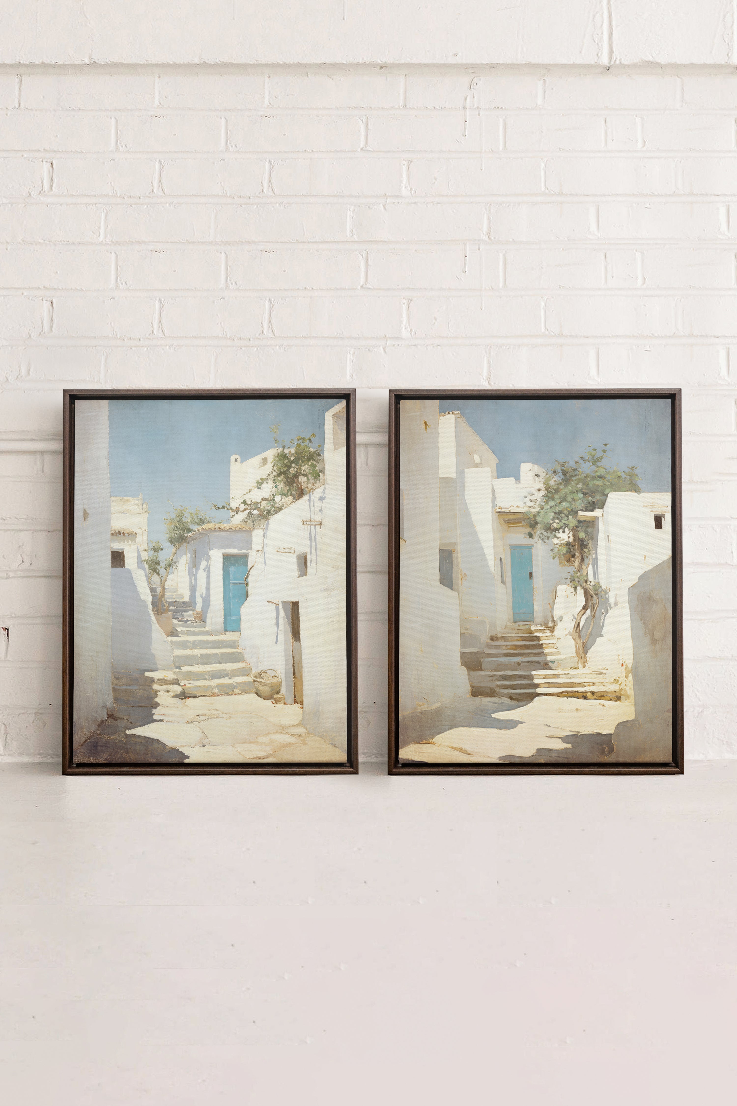 COMBINAISON VINTAGE GREEK VILLAS, 2 Works on stretched canvas, framed in Walnut Brown
