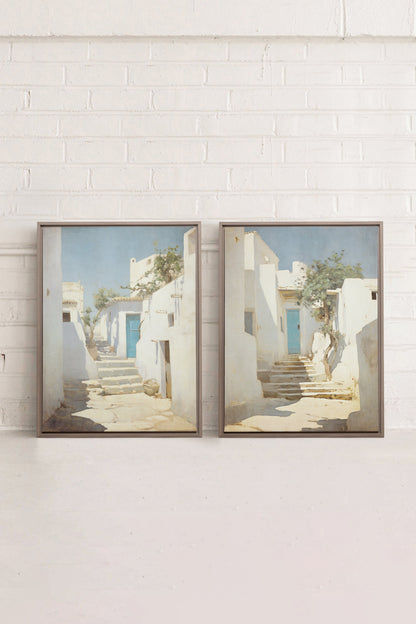 COMBINAISON VINTAGE GREEK VILLAS, 2 Works on stretched canvas, framed Oak Brown