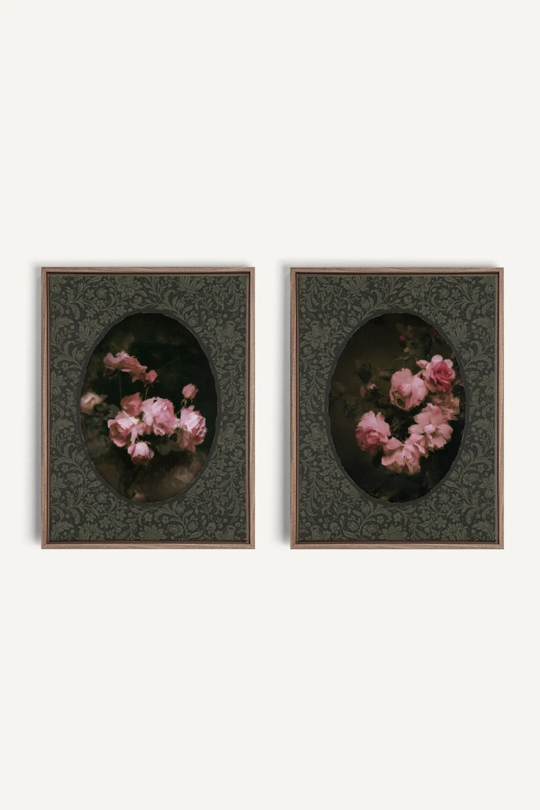 ROSES NOCTURNES DUO, 2 Oeuvres sur toile étirée, encadré Brun Chêne
