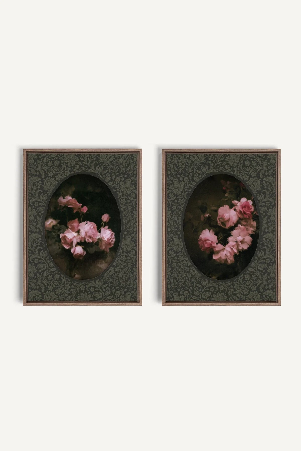 ROSES NOCTURNES DUO, 2 Oeuvres sur toile étirée, encadré Brun Chêne