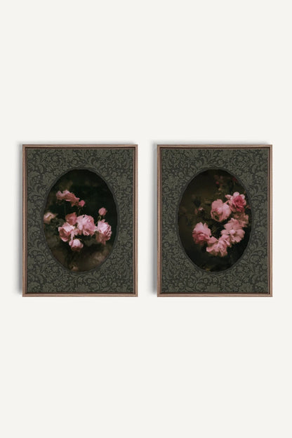 ROSES NOCTURNES DUO, 2 Oeuvres sur toile étirée, encadré Brun Chêne