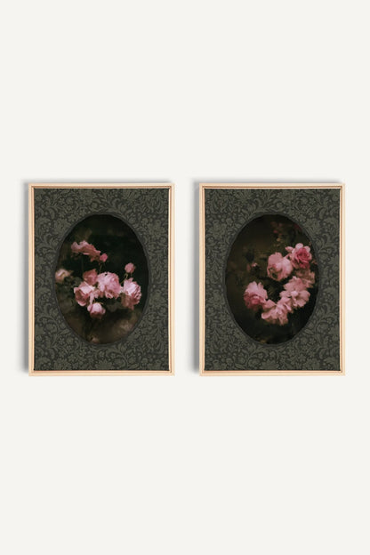 ROSES NOCTURNES DUO, 2 Oeuvres sur toile étirée, encadré Naturel Clair