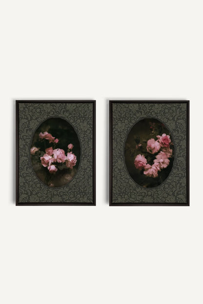 ROSES NOCTURNES DUO, 2 Oeuvres sur toile étirée, encadré Noir
