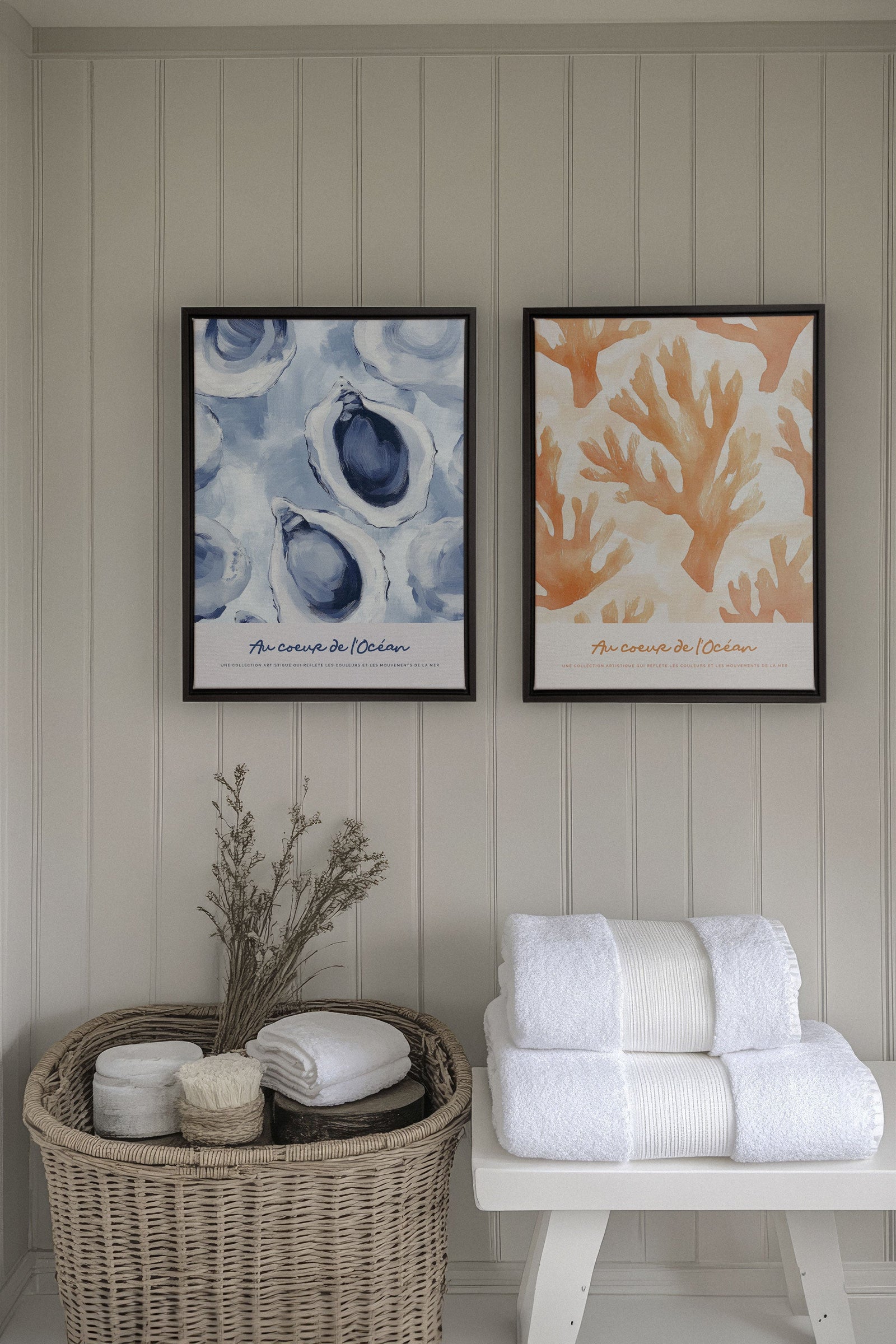 DUO AU COEUR DE L'OCÉAN, 2 Oeuvres sur toile étirée, encadré Blanc