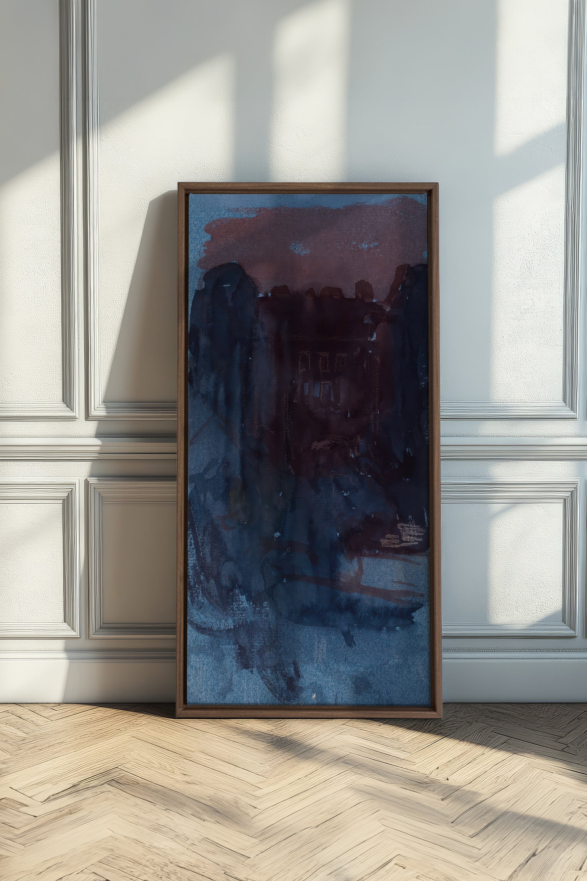 BURNT NIGHTFALL, Artwork on stretched canvas, framed in Brown Oak