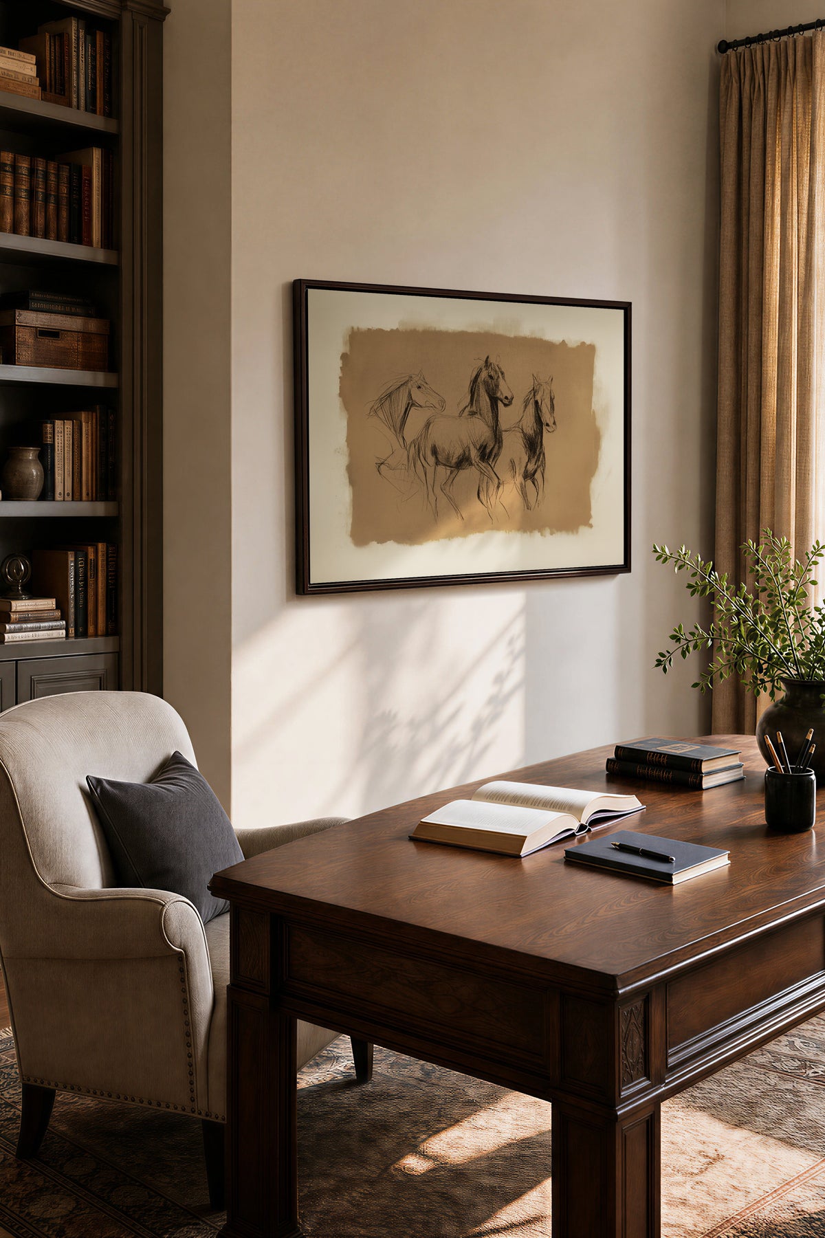ÉTUDE ÉQUESTRE, Oeuvre sur toile étirée, encadré Brun Noyer