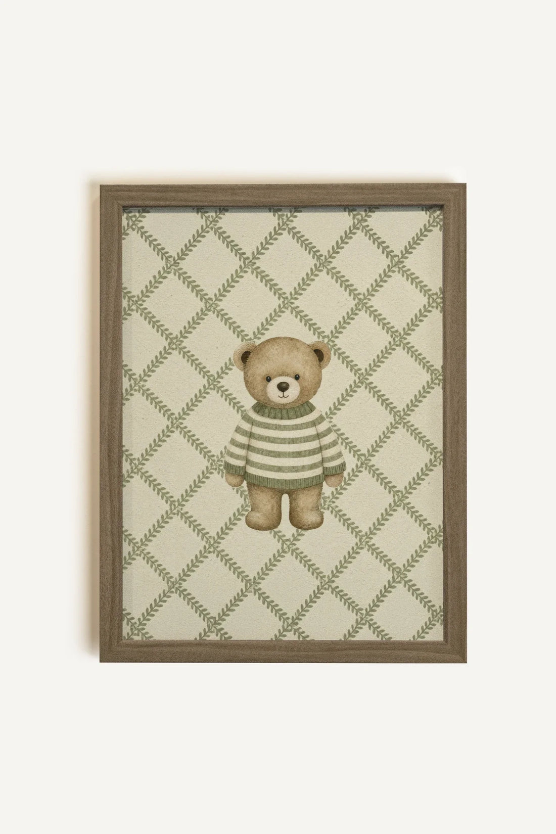 OURSON TRICOT, Oeuvre sur toile rigide, encadré brun chêne
