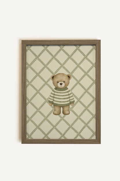OURSON TRICOT, Oeuvre sur toile rigide, encadré brun chêne
