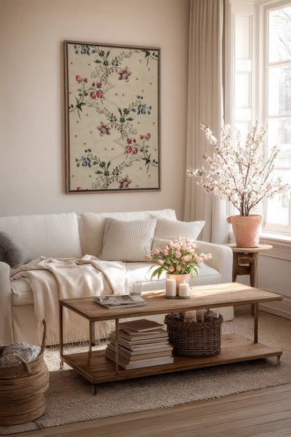RUBAN DE ROSES, Oeuvre sur toile étirée, encadré Brun Chêne