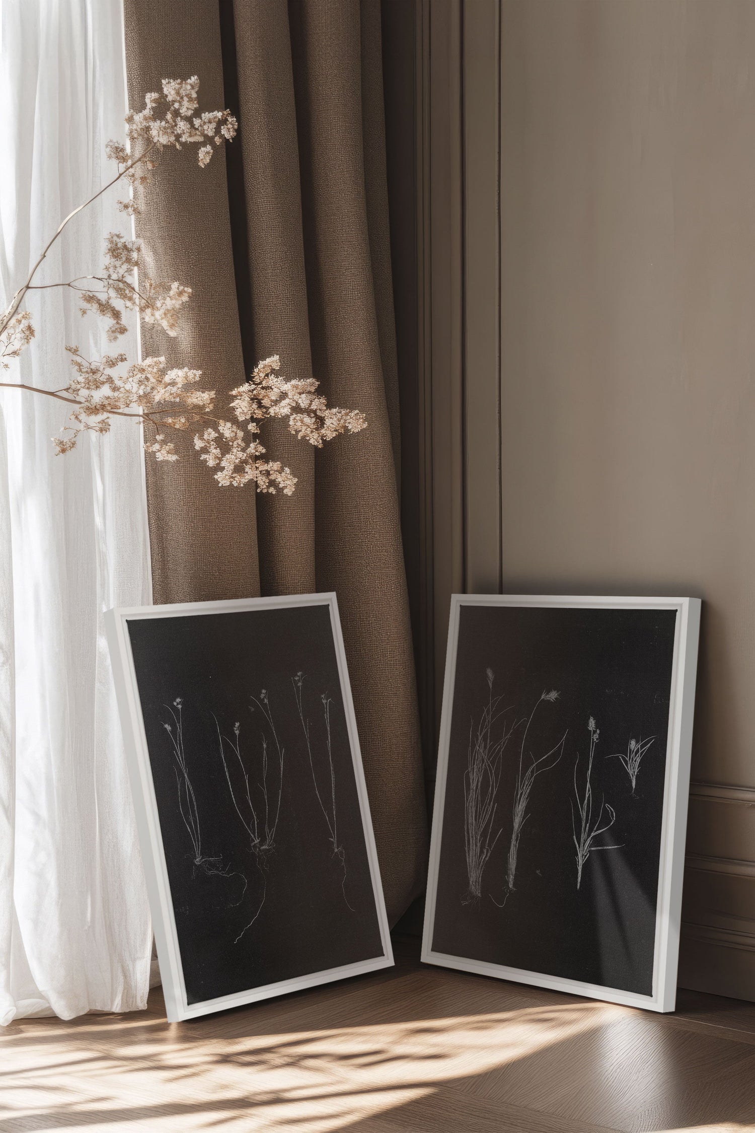 DUO ORIGINES SAUVAGES, 2 Oeuvres sur toile étirée, encadré Blanc