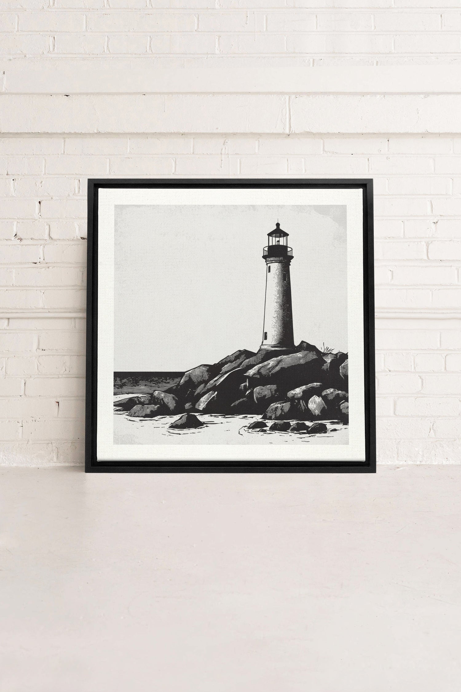 ROCKY SHORE LIGHT, Artwork on stretched canvas, framed in black