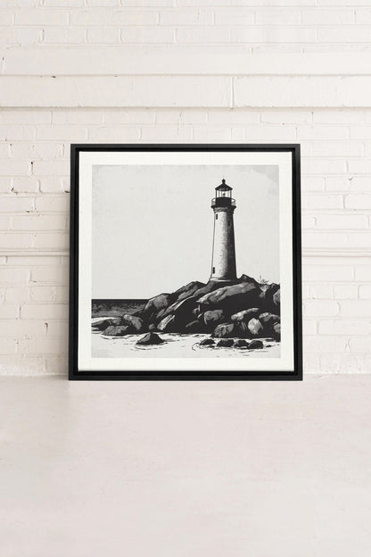 ROCKY SHORE LIGHT, Artwork on stretched canvas, framed in black