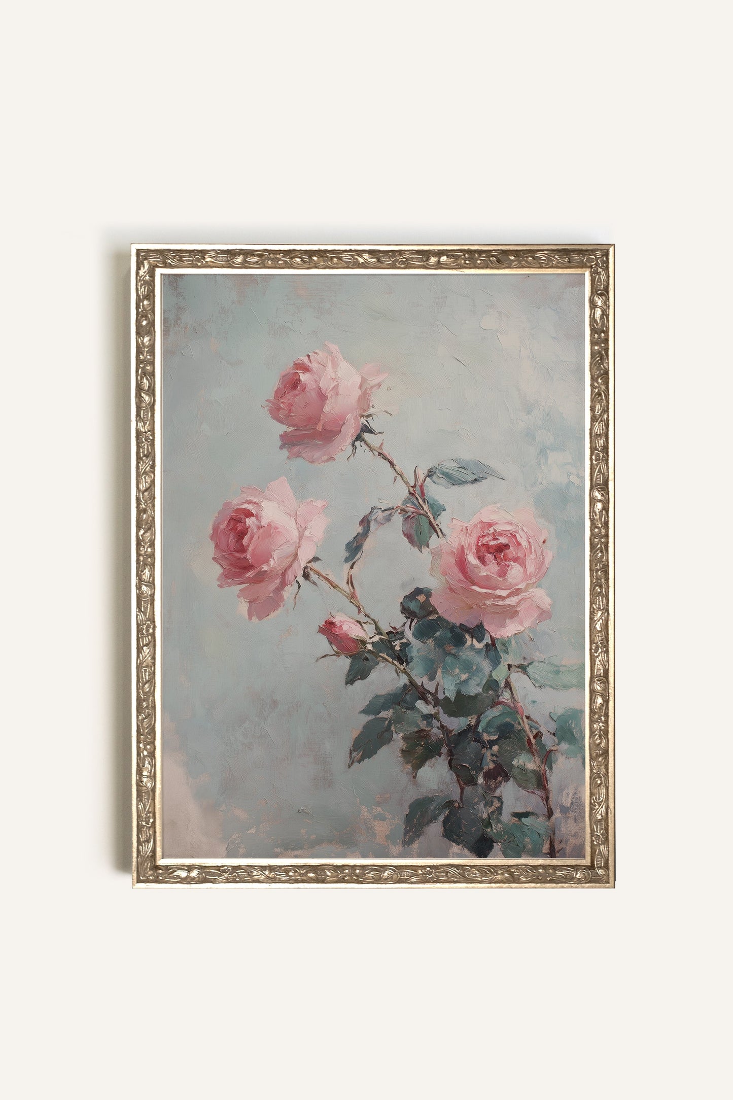 ROSES POUDRÉES, CADRE VINTAGE ARGENT