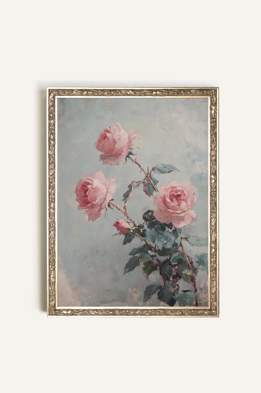 ROSES POUDRÉES, CADRE VINTAGE ARGENT