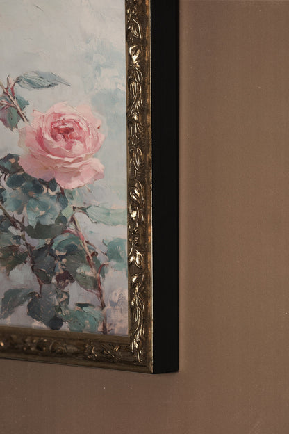 ROSES POUDRÉES, Oeuvre sur toile rigide, encadré Vintage Argent