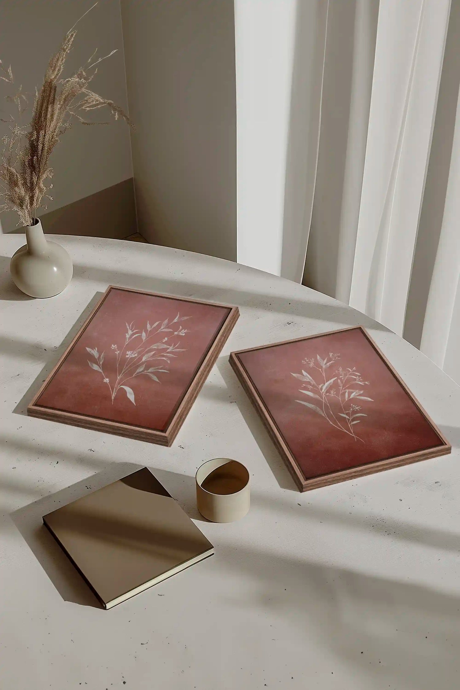 SOFT SIENNA DUO, 2 Works on stretched canvas, framed Oak Brown