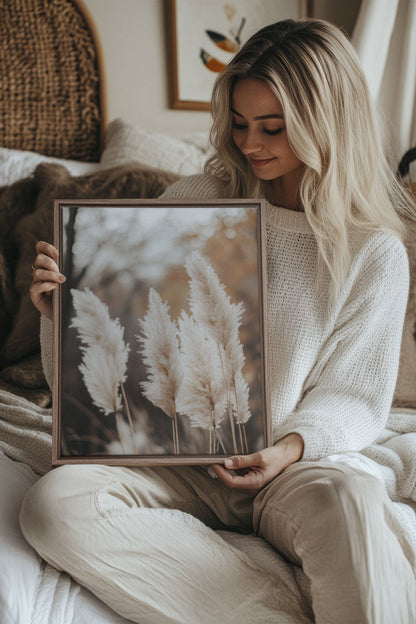 OLEKA CANVAS - GOLDEN FEATHER, Oeuvre sur toile étirée, encadré Brun Chêne