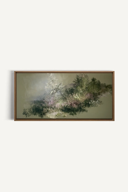 JARDIN DES BRUMES, Oeuvre sur toile étirée, encadré Brun Chêne