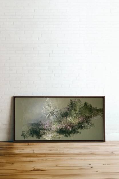 JARDIN DES BRUMES, Oeuvre sur toile étirée, encadré Brun Noyer