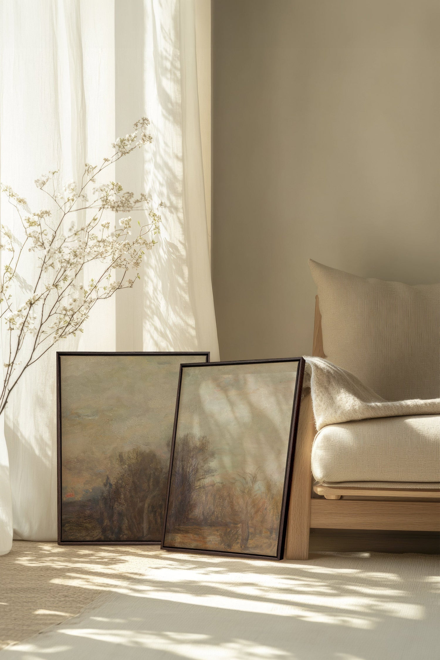 RUST &amp; LEATHER DUO, 2 Works on stretched canvas, framed in Walnut Brown