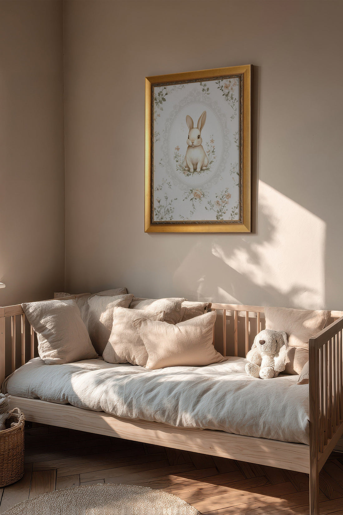LAPIN DOUCEUR, Artwork on rigid canvas, framed in Vintage Gold