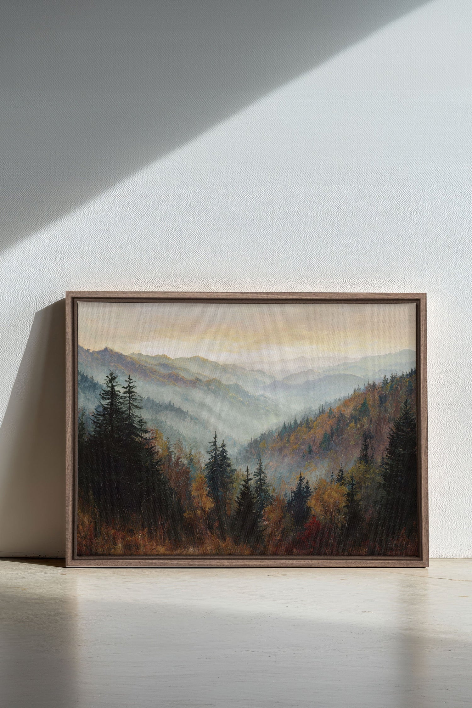 MOUNTAIN MORNING II, Oeuvre sur toile étirée, encadré Brun Chêne