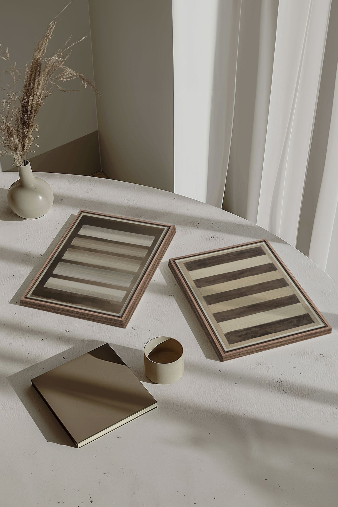 OLEKA CANVAS - SANDY LINES DUO, 2 Oeuvres sur toile étirée, encadré Brun Chêne