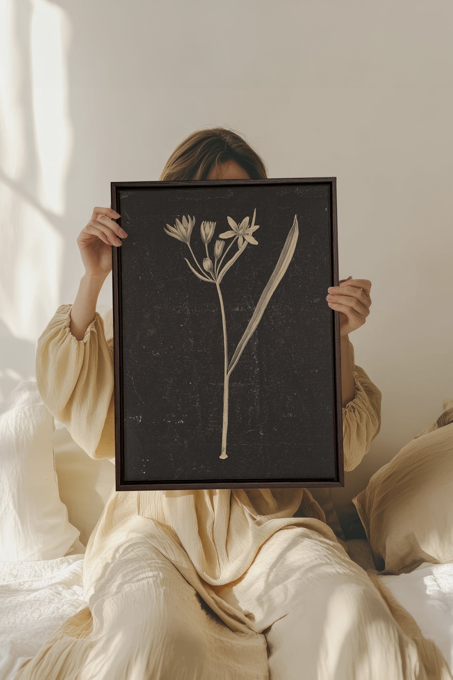 MINIMAL FLORA, Work on stretched canvas, framed Walnut Brown