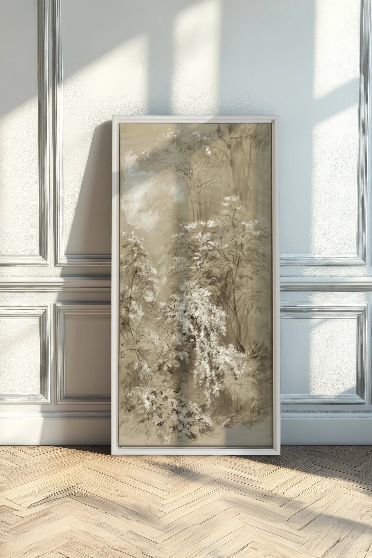 JARDIN OUBLIÉ, Oeuvre sur toile étirée, encadré Blanc