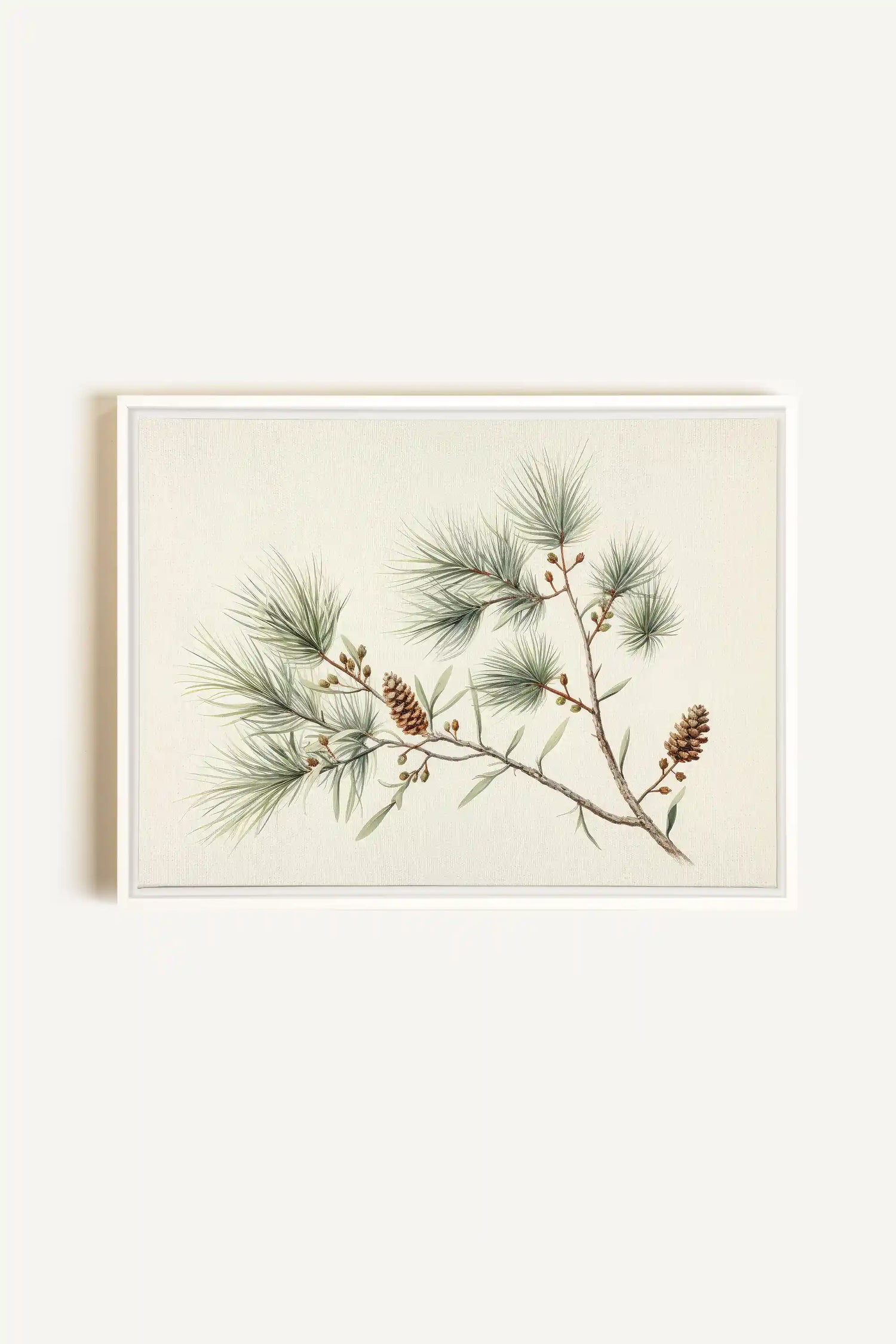 Conifer Branch, Artwork on stretched canvas, framed in white