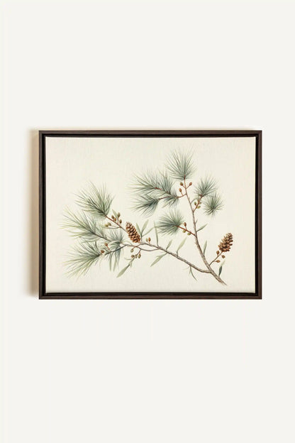 Conifer Branch, Artwork on stretched canvas, framed in Walnut Brown