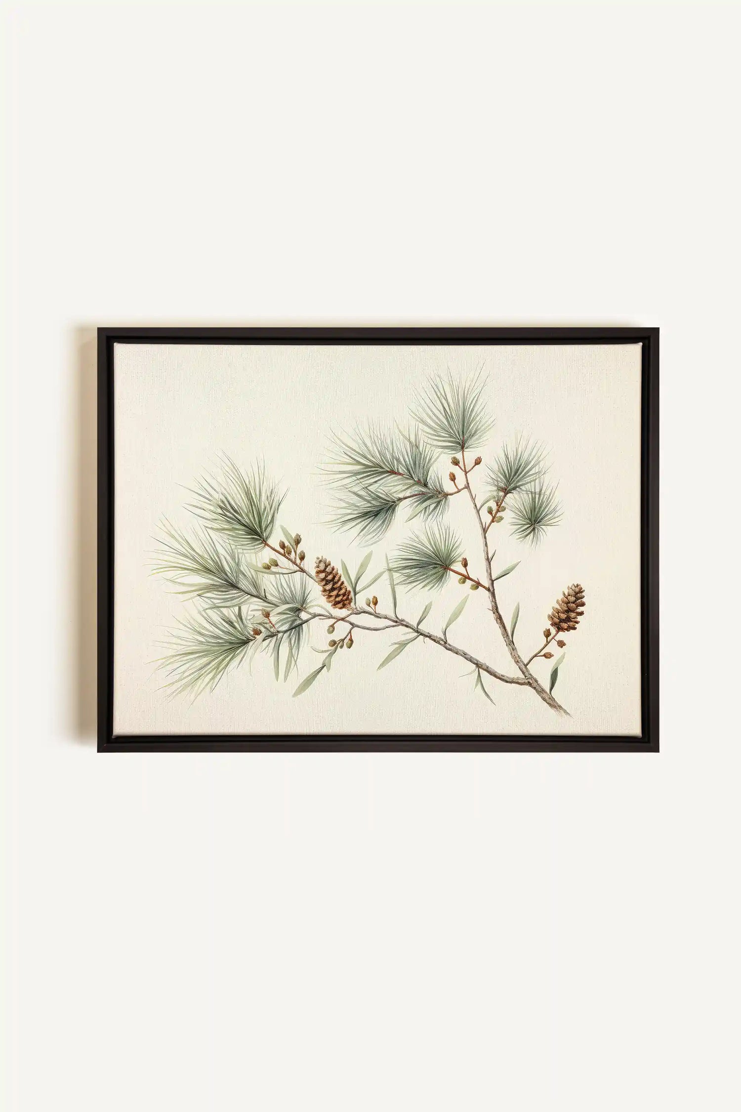 Conifer Branch, Artwork on stretched canvas, framed in black
