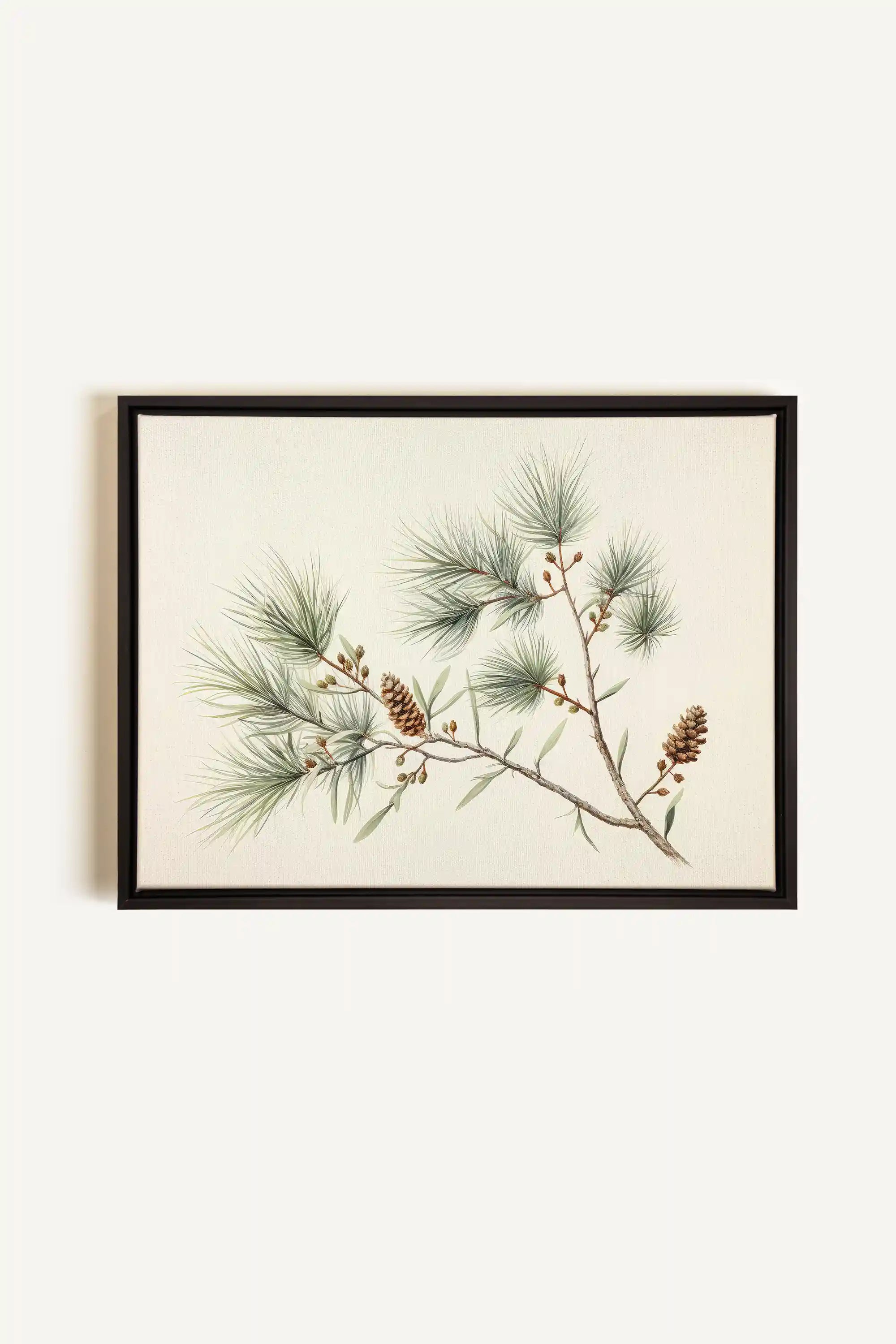 Conifer Branch, Artwork on stretched canvas, framed in black