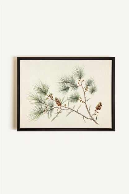 Conifer Branch, Artwork on stretched canvas, framed in black