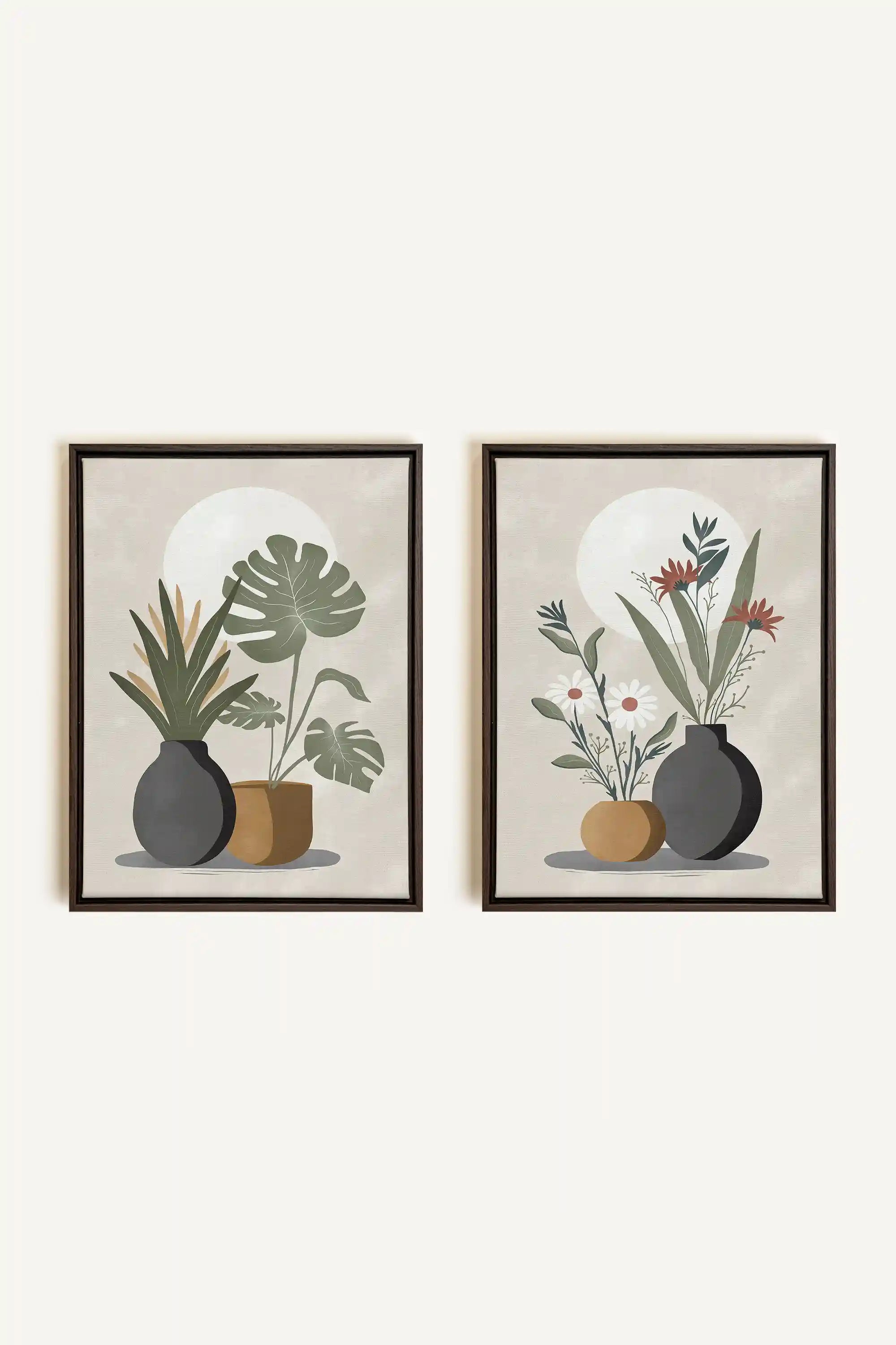 DUO COMPLICITÉ FLORALE, 2 Oeuvres sur toile étirée, encadré Brun Noyer