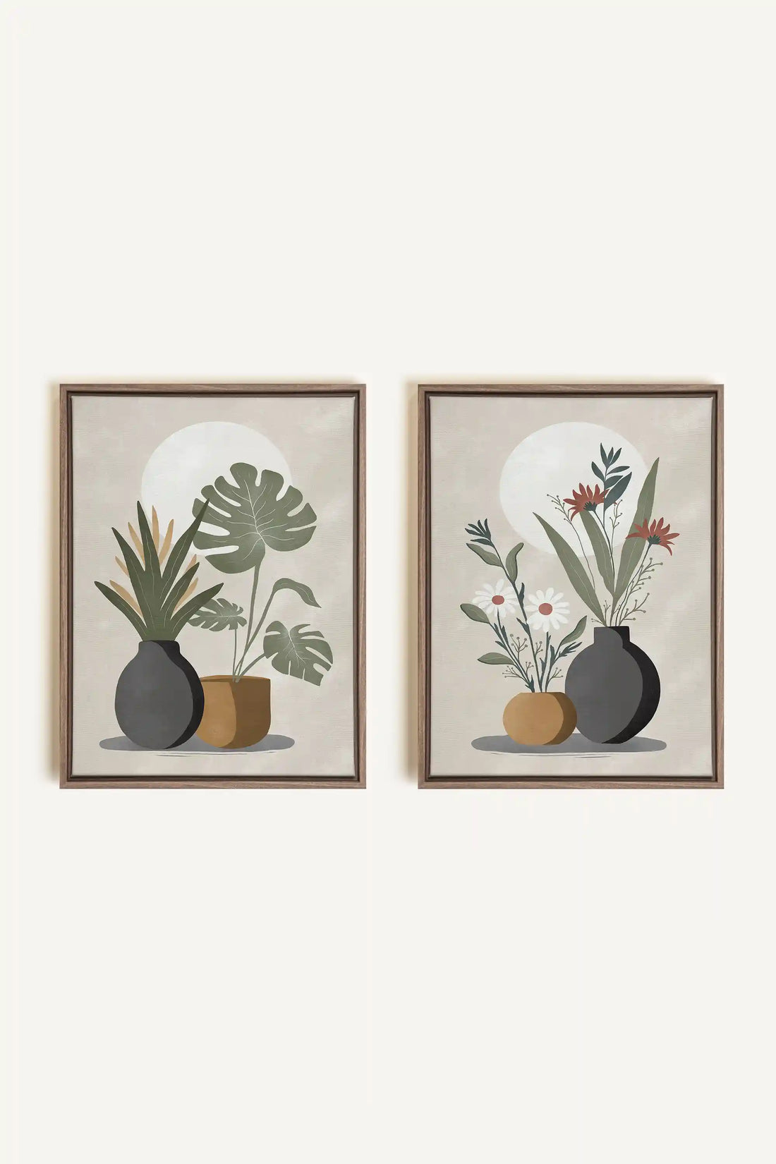 DUO COMPLICITÉ FLORALE, 2 Oeuvres sur toile étirée, encadré Brun Chêne