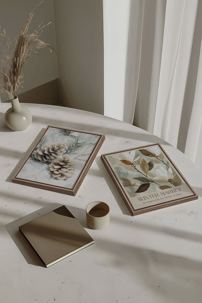 DUO GIVRE ET NATURE, Artwork on stretched canvas, framed in Brown Oak